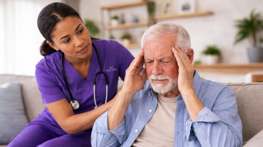 Home caregiver in purple scrubs comforting a senior man holding his head