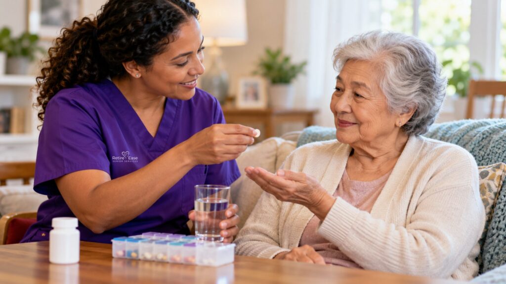 Home caregiver handing medication to a senior woman with a weekly pill organizer on the table