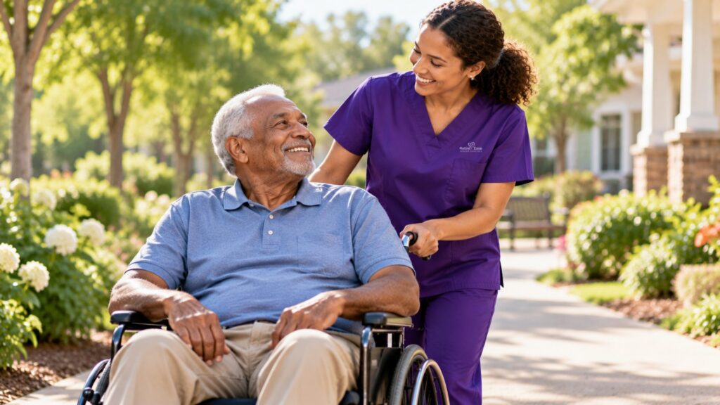 Caregiver in purple scrubs pushing a smiling senior veteran in a wheelchair outdoors