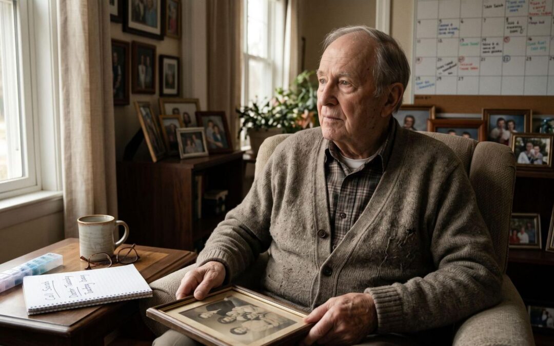 Senior man sitting in an armchair at home holding a framed family photo, with a calendar on the wall