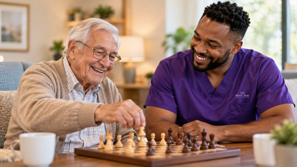Senior veteran playing chess with a caregiver at home